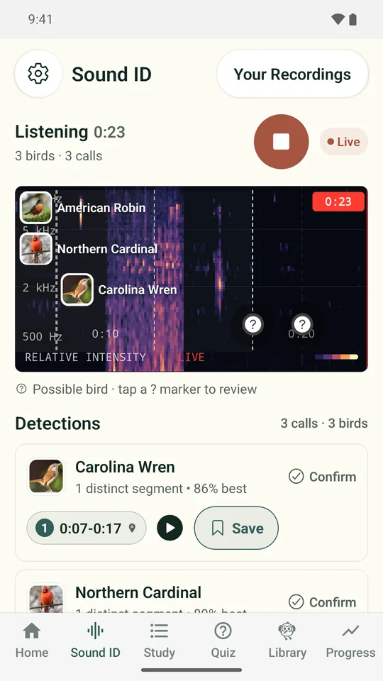 BirdBrain on Android: Sound ID naming birds on a live spectrogram